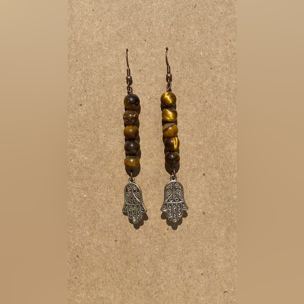 Handmade tigers eye evil eye hand earrings